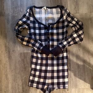 Victoria's Secret Navy and Cream Plaid Pajama Romper